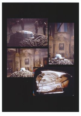 Stills from the film showing the coffin and the raised dias with drapes and prop flowers 