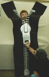 David caught in a large zip make for the Kenny Everett Show.
