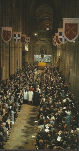 Canterbury Cathedral showing nine of the ten banners we made.