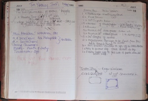 Our diary showing pages for July 1983 with Benny Hill  props and others.