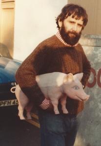 Setting off to Thames Television with a pig under my arm.